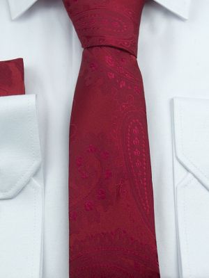 Kırmızı Renk Şal Desen Slim-Fit Mendilli Kravat