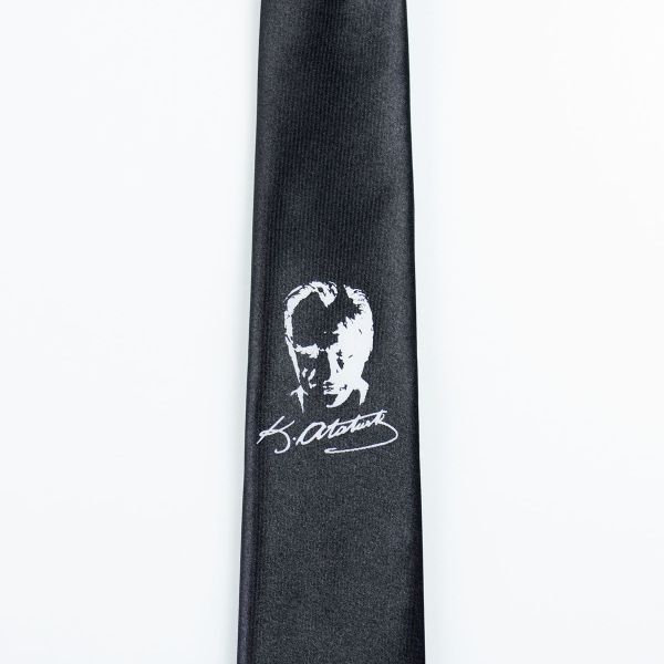 Siyah Renk Saten Atatürk Portre Baskılı Kravat-4
