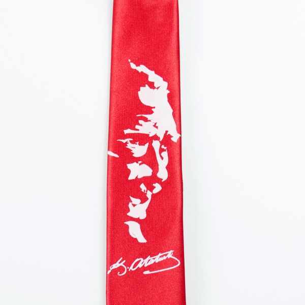 Kırmızı Renk Saten Atatürk Portre Baskılı Kravat-3