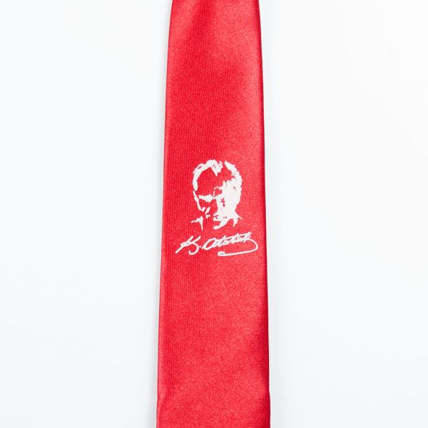 Kırmızı Renk Saten Atatürk Portre Baskılı Kravat