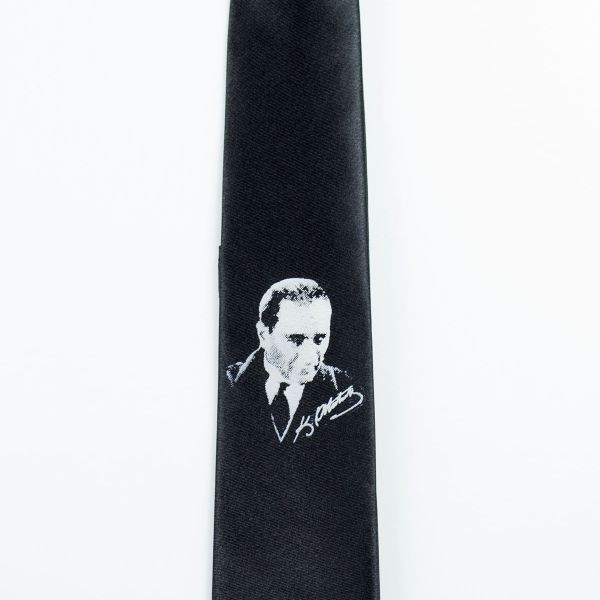Siyah Renk Saten Atatürk Portre Baskılı Kravat-2