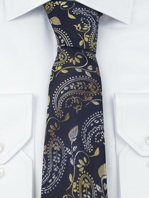 Lacivert-Dore Desenli Klasik Kravat