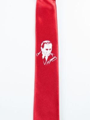 Kırmızı Renk Saten Atatürk Portre Baskılı Kravat-2