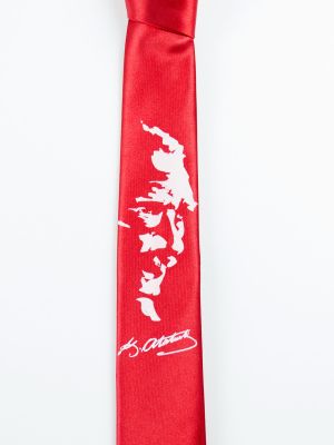 Kırmızı Renk Saten Atatürk Portre Baskılı Kravat-3