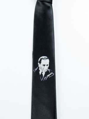 Siyah Renk Saten Atatürk Portre Baskılı Kravat-2