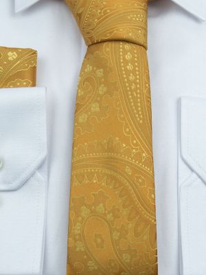 Sarı Renk Şal Desen Slim-Fit Mendilli Kravat
