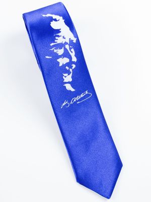 Saks Mavi Saten Atatürk Portre Baskılı Kravat